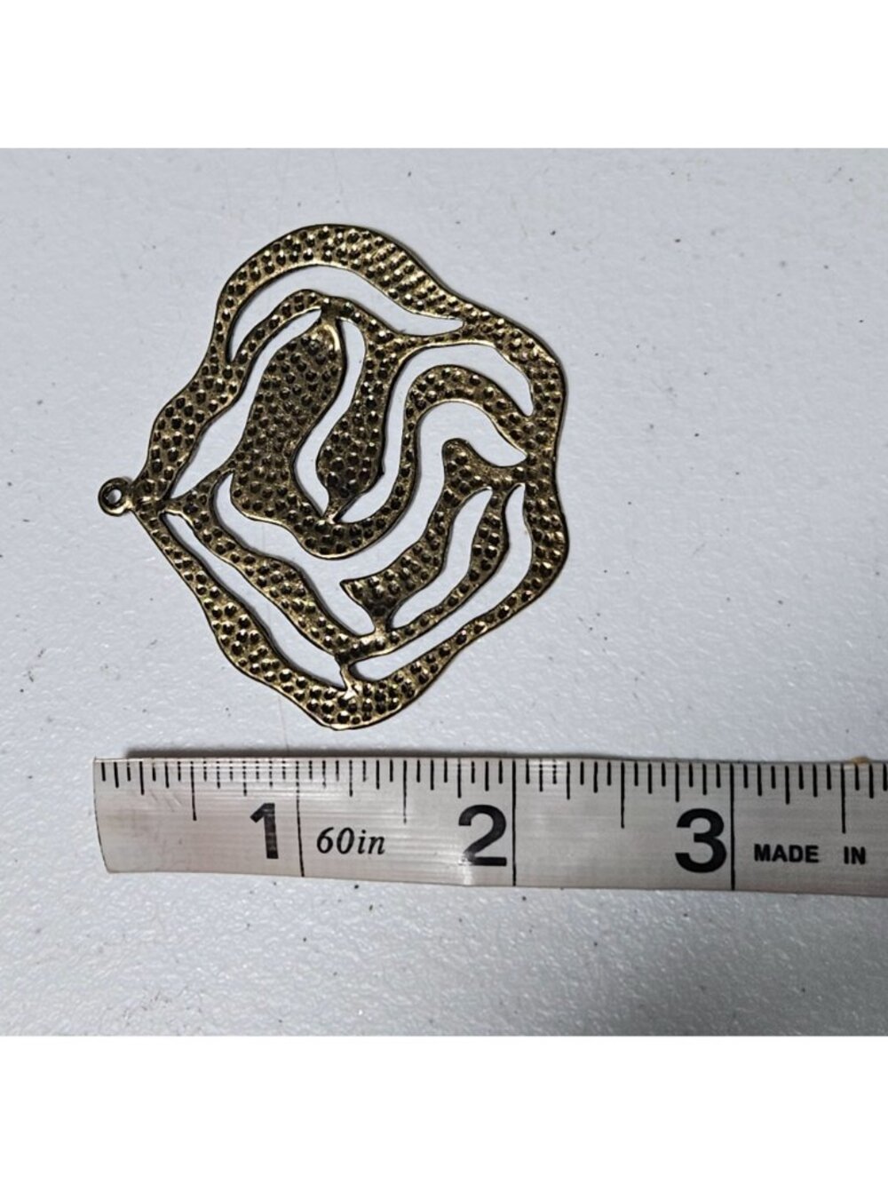 Antiqued Gold Tone Abstract Swirl Pendant Openwork Textured Boho Medallion - Picture 4 of 4